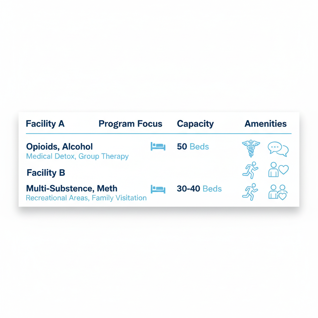 Infographic comparing key features of inpatient drug treatment centers in Spokane using ASAM standards