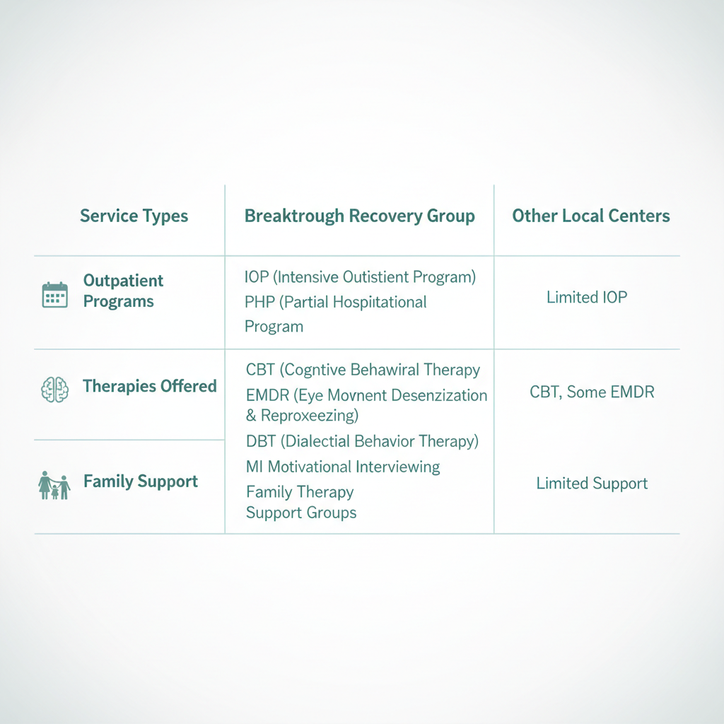 Infographic comparing addiction recovery services at Breakthrough Recovery Group versus other Spokane centers, featuring outpatient programs, therapies, and family support with icons.
