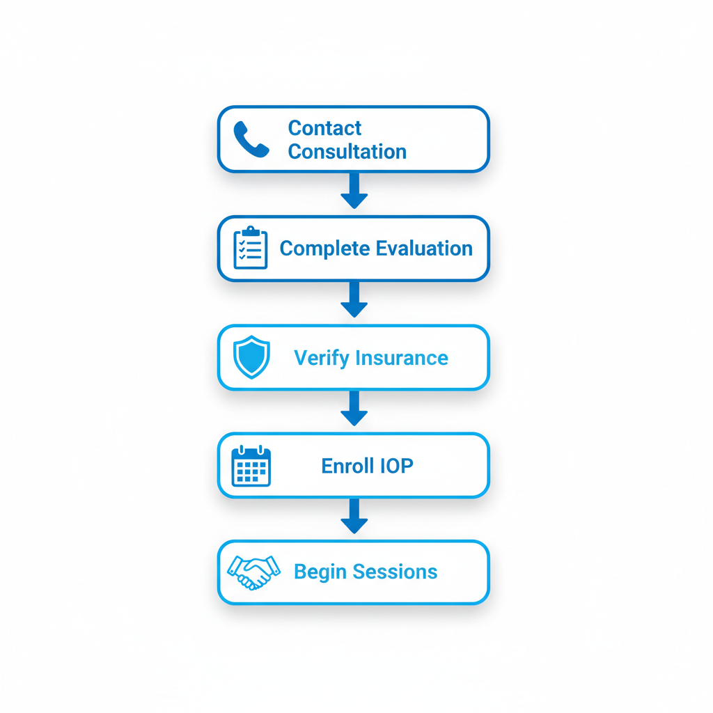 Vertical process flow diagram showing five steps to start addiction recovery: contact, evaluation, insurance verification, enrollment, and beginning sessions.