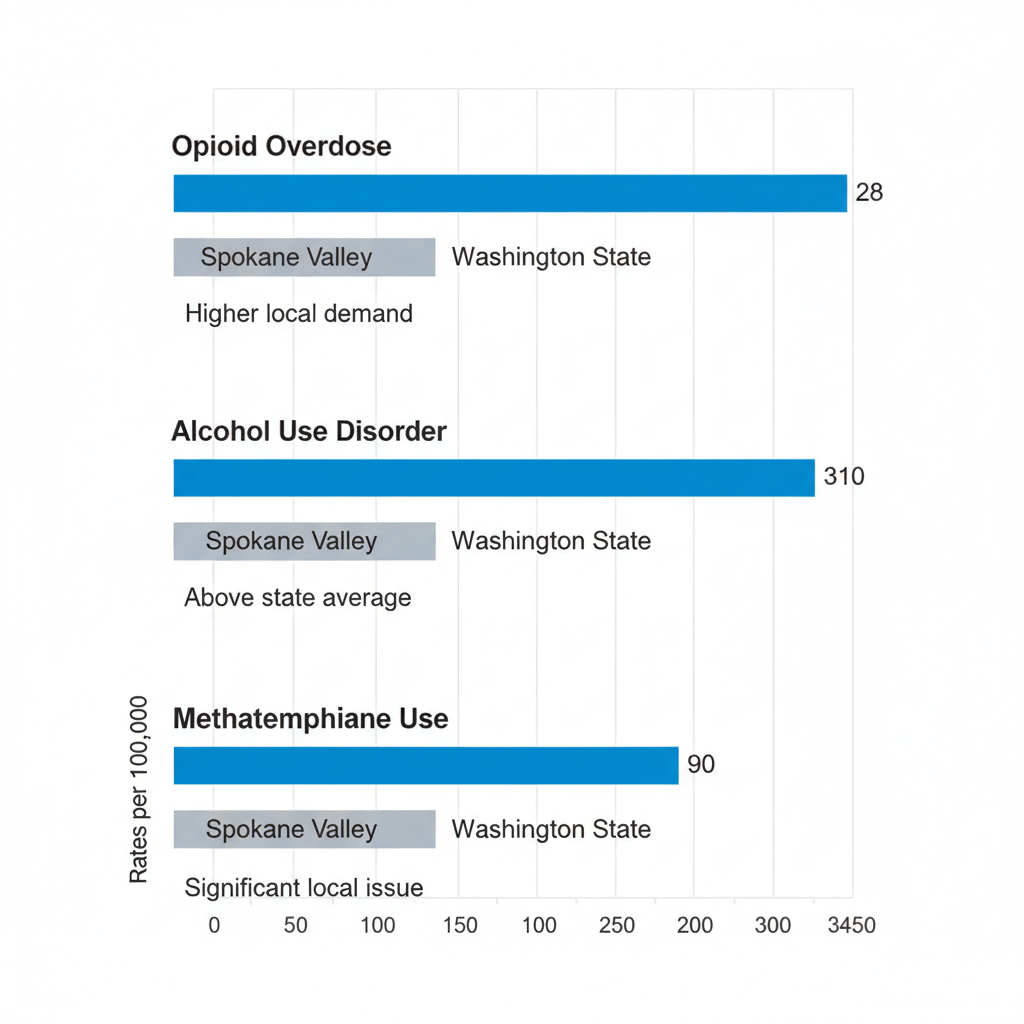 Bar chart comparing addiction rates for opioids, alcohol, and methamphetamine in Spokane Valley versus Washington State averages
