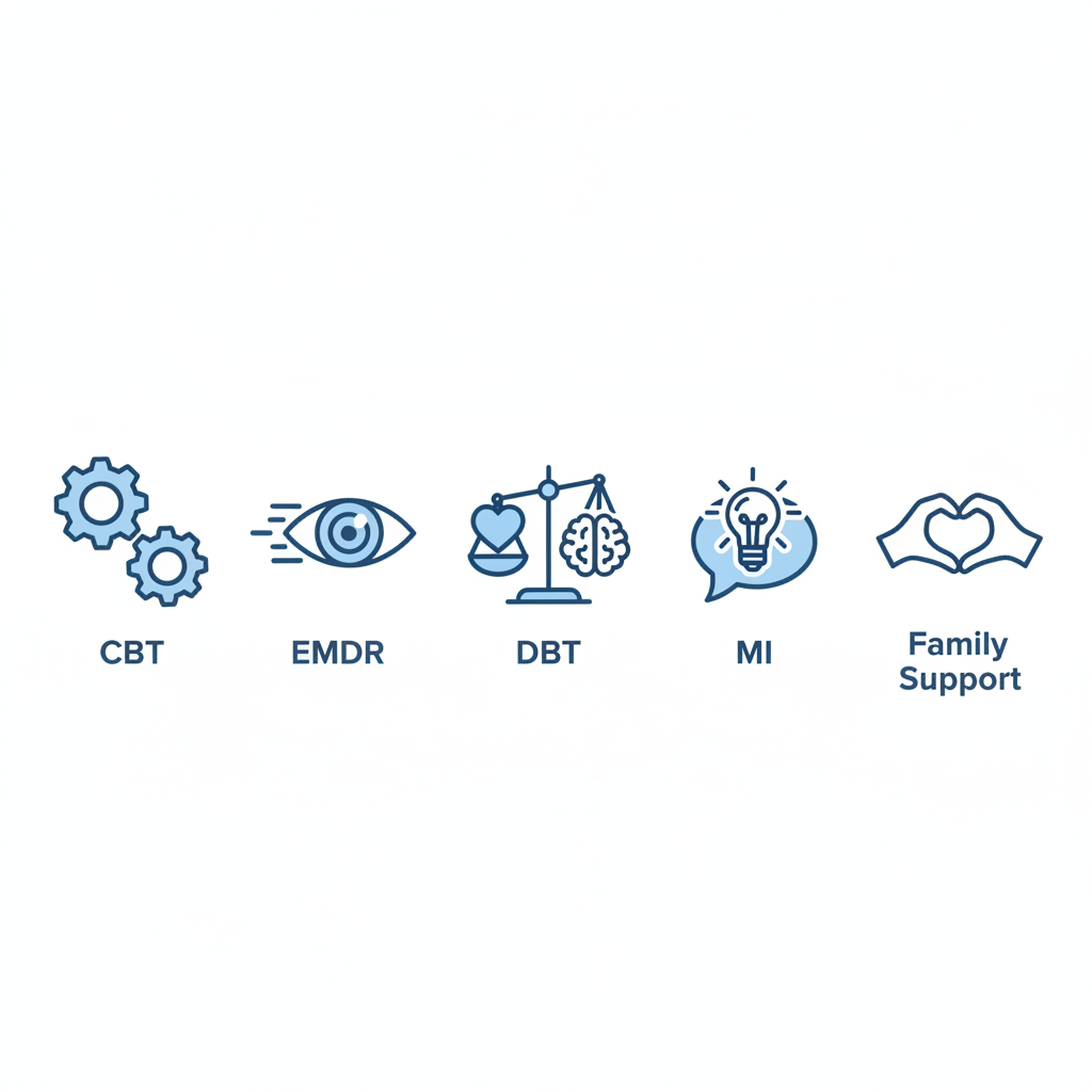 Icons depicting treatment services including CBT with gears, EMDR with eyes, DBT scale, MI lightbulb, and family support hands.