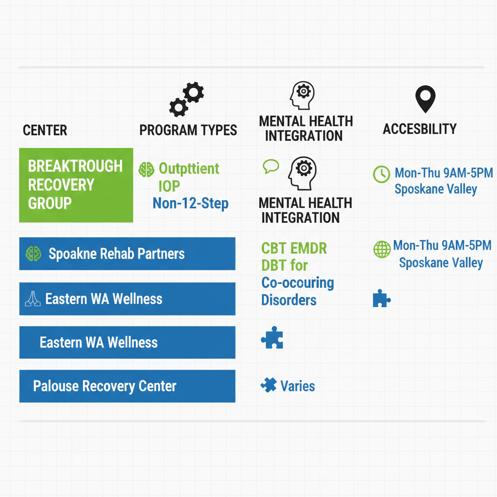 Infographic comparing key rehab centers in Spokane area with columns for centers programs mental health and accessibility