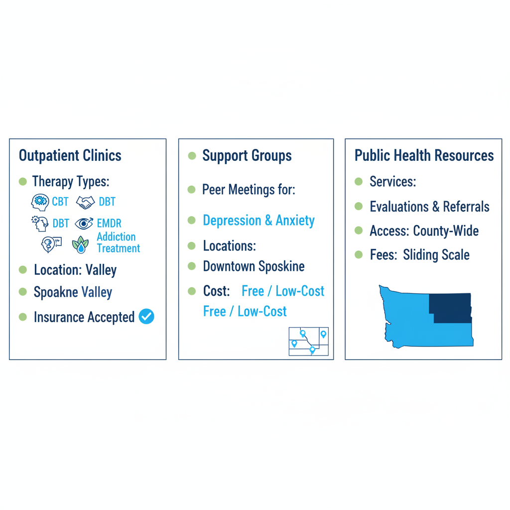 Infographic comparing outpatient clinics, support groups, and public health resources for behavioral health in Spokane