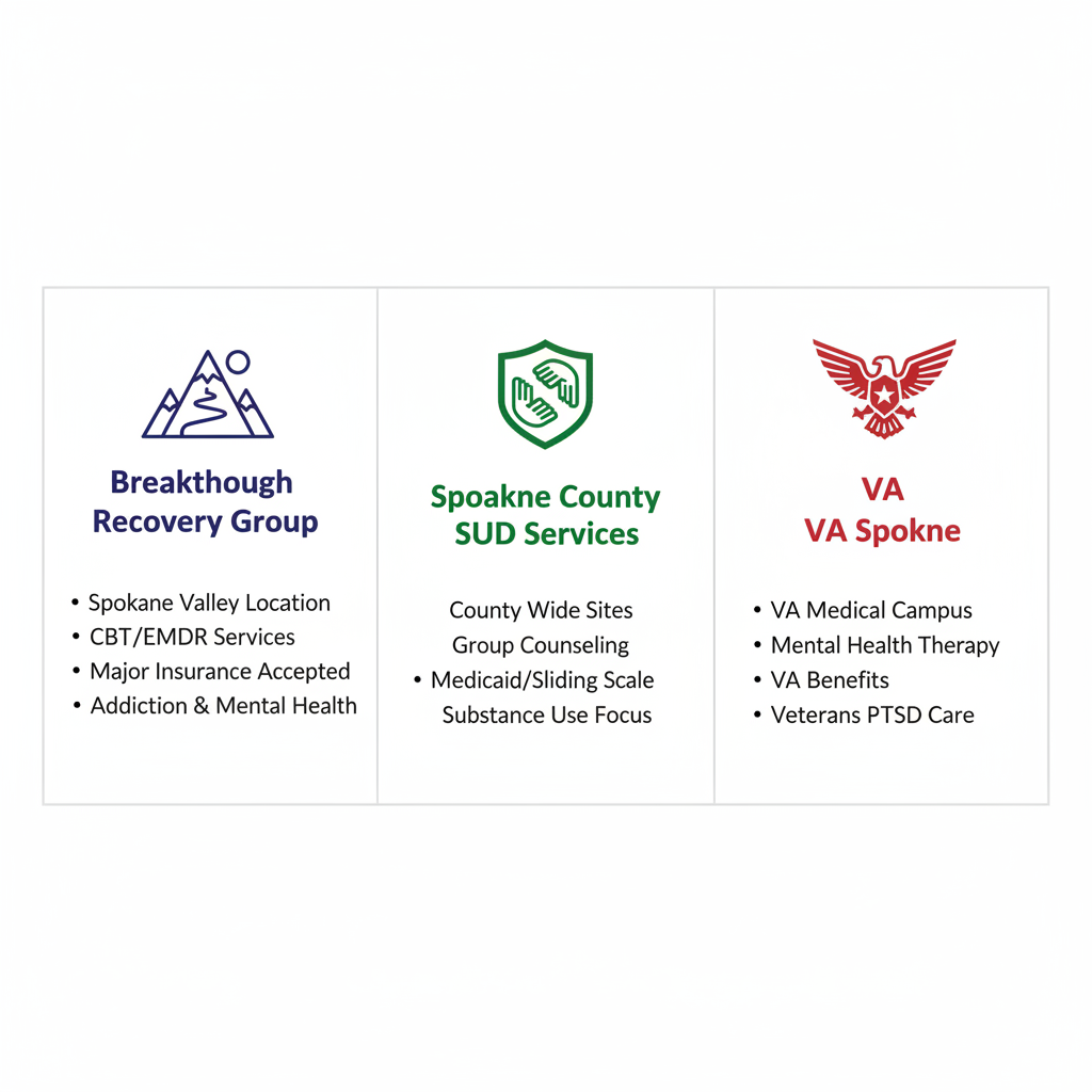 Infographic comparing three outpatient rehab providers in Spokane: Breakthrough Recovery Group, Spokane County SUD Services, and VA Spokane