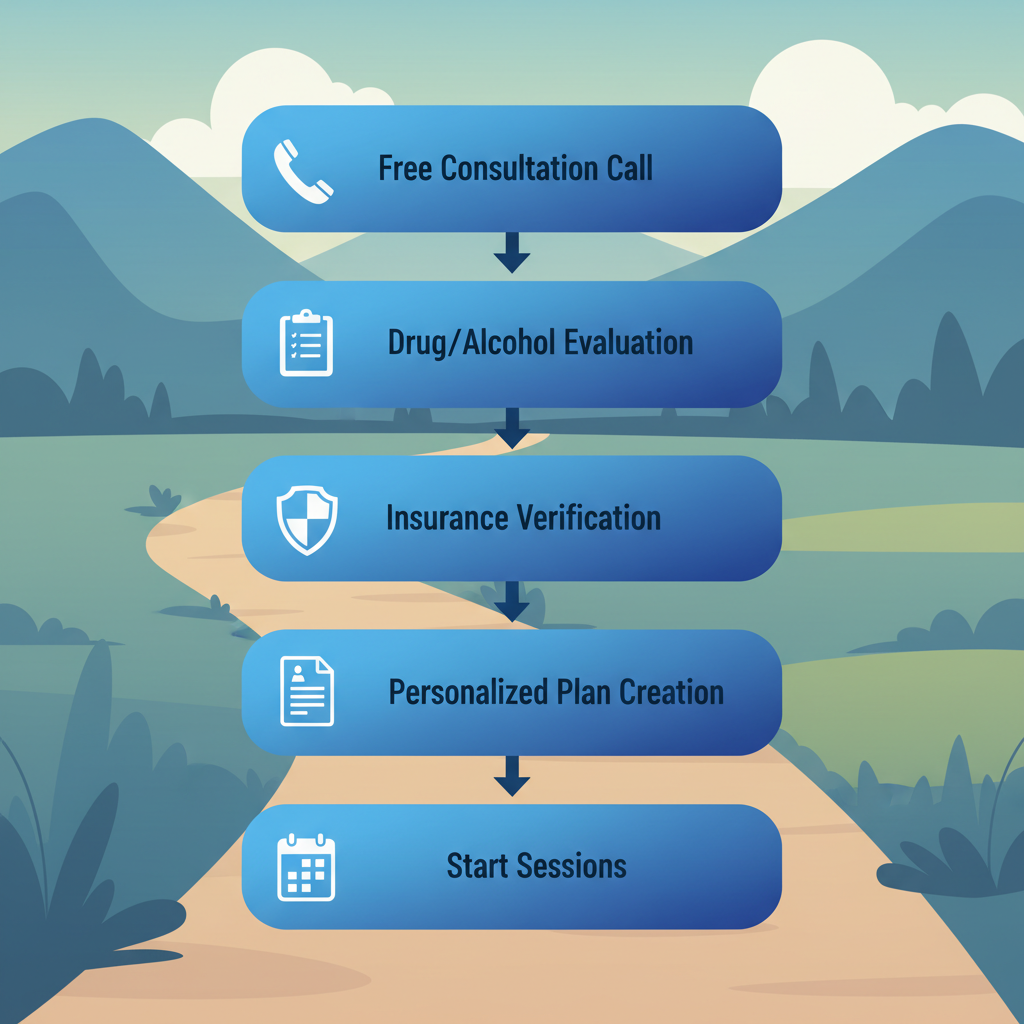 Vertical process flow diagram showing five steps to begin recovery journey