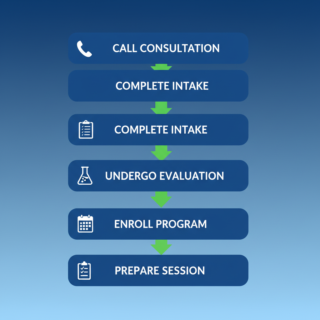 Vertical process flow diagram illustrating five steps to start recovery: call consultation, complete intake, undergo evaluation, enroll in program, prepare for session with icons and green arrows on blue gradient background