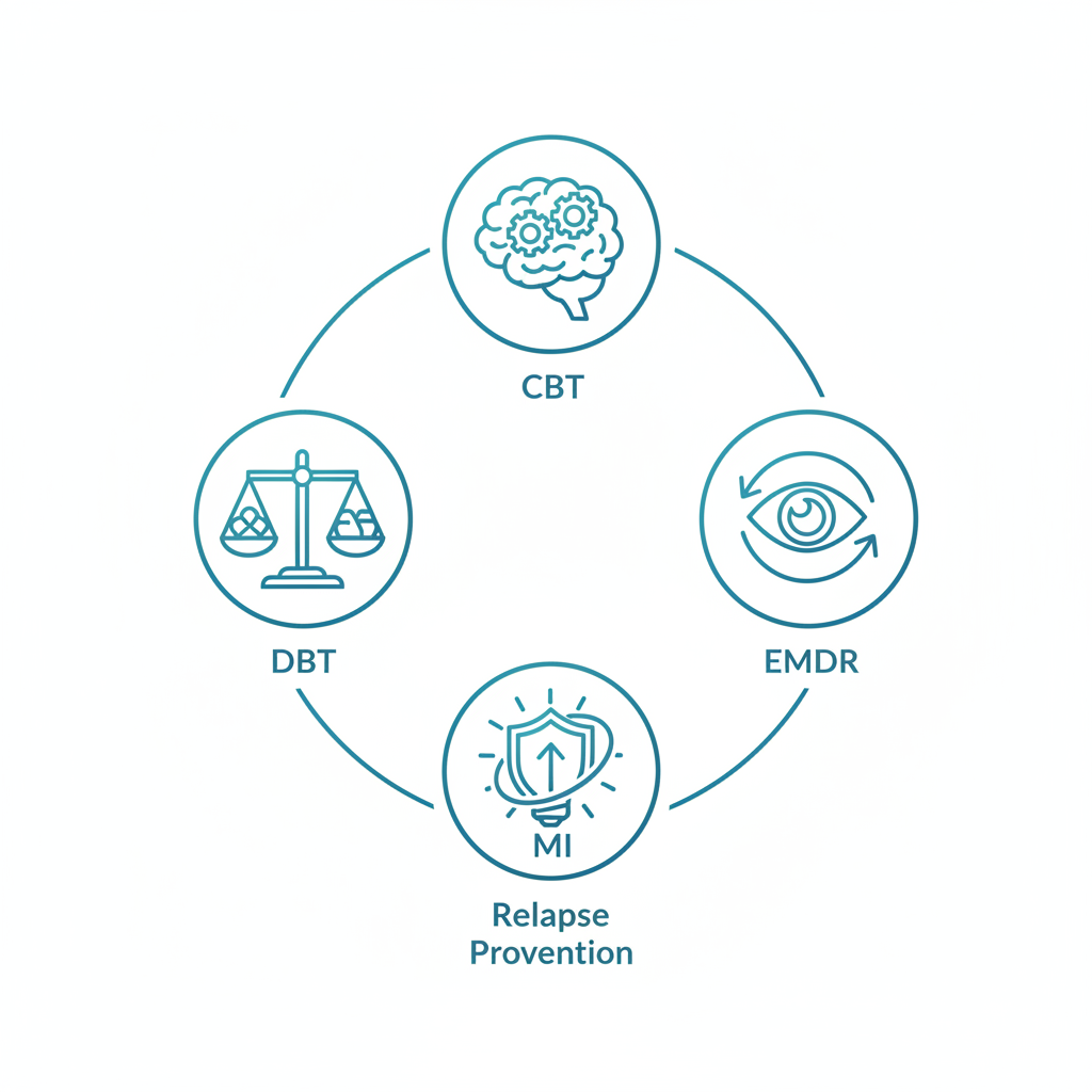 Set of five outline icons in teal blue depicting core therapies: brain with gears, balanced scales, eye symbol, lightbulb, and shield, with short labels below each.