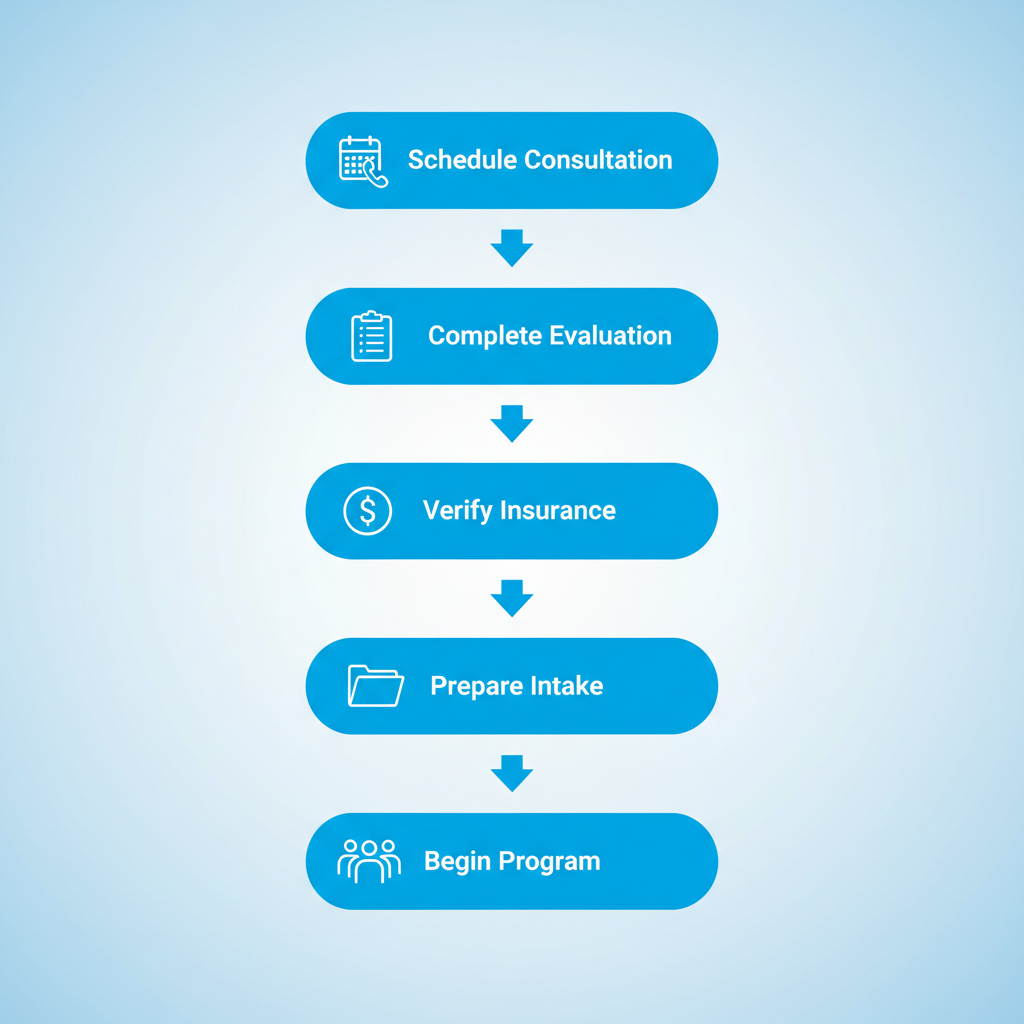 Vertical process flow diagram showing five steps to start addiction recovery treatment including consultation, evaluation, insurance verification, intake preparation, and program start.