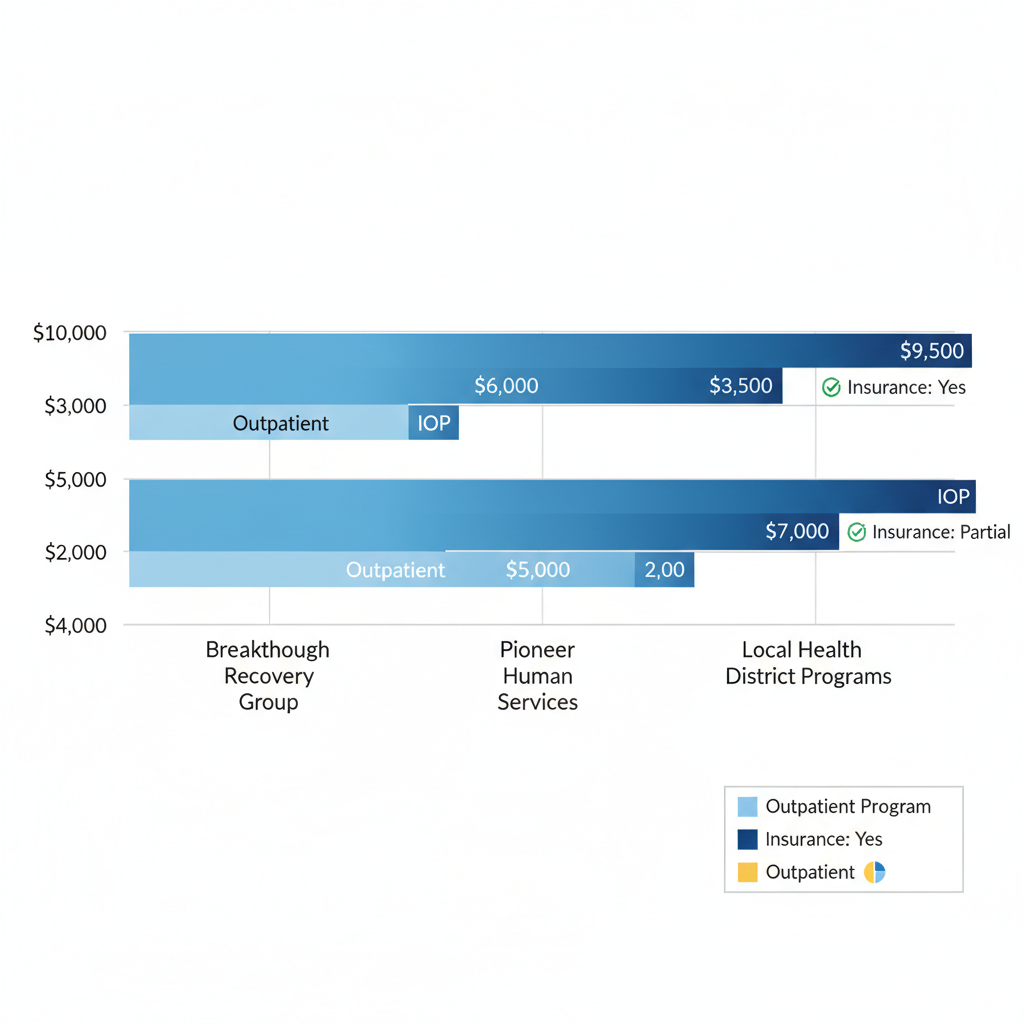 Horizontal bar chart comparing average monthly costs of three key drug rehab centers in Spokane Valley, with stacked segments for program types and insurance.