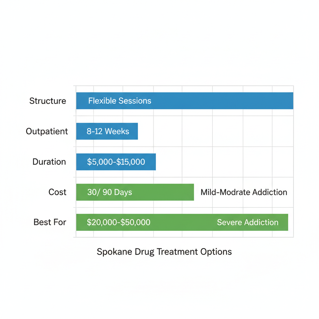 Horizontal bar chart illustrating key differences between outpatient and inpatient drug treatment programs in Spokane, including structure, duration, cost, and suitability.