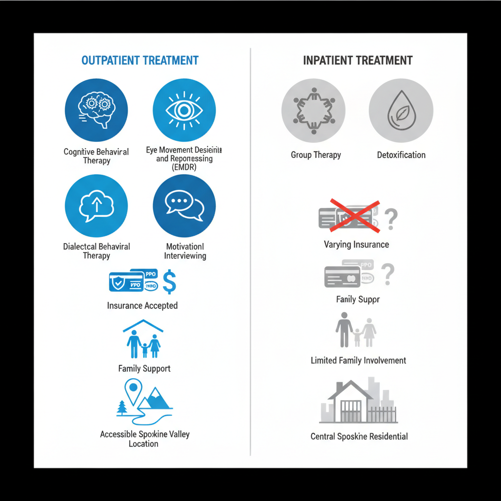 Infographic comparing outpatient and inpatient addiction treatment options in Spokane Valley