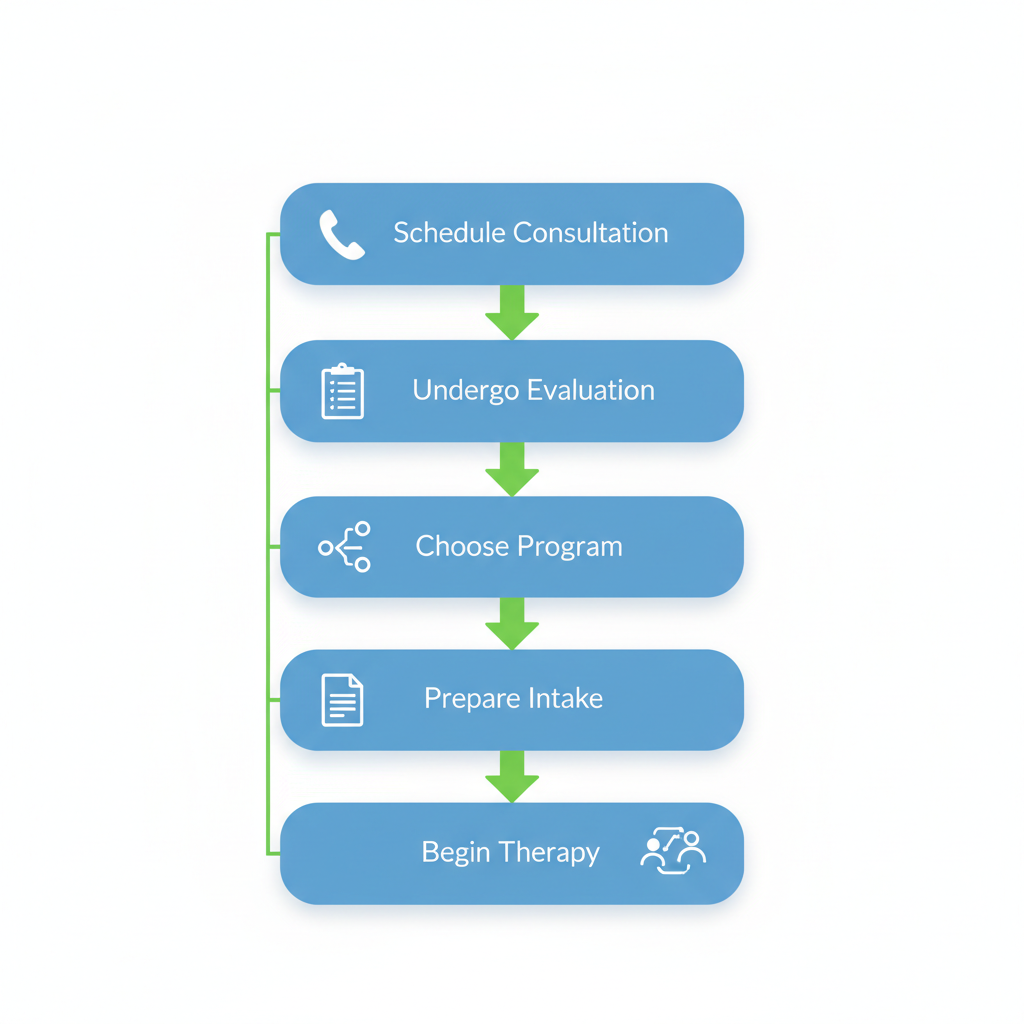 Vertical process flow diagram showing five steps to start addiction recovery: schedule consultation, evaluation, choose program, prepare intake, begin therapy with family.