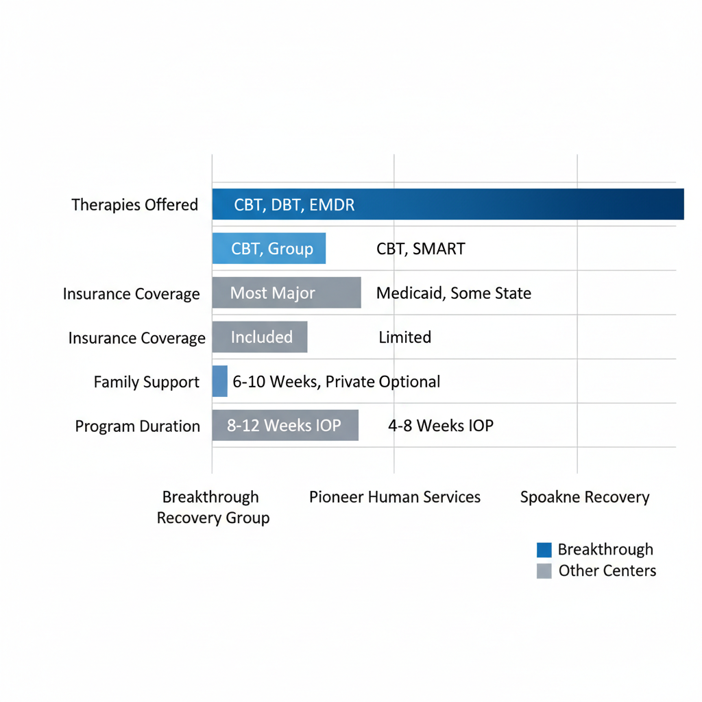 Horizontal bar chart comparing outpatient rehab centers in Spokane Valley, highlighting Breakthrough Recovery Group's therapies, insurance, family support, and program duration.