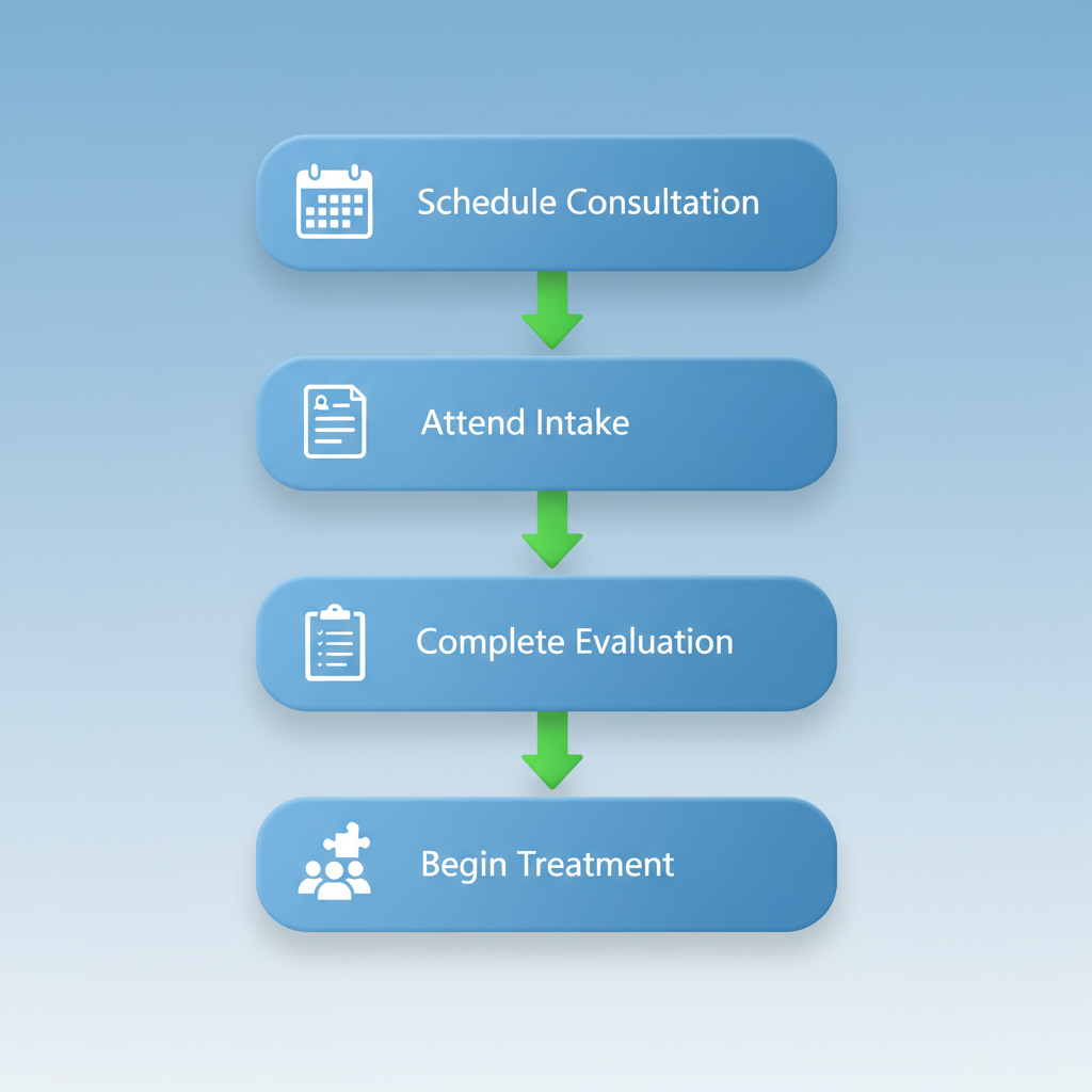 Vertical process flow diagram showing five steps to start recovery: schedule consultation, attend intake, complete evaluation, match program, and begin treatment with family support.