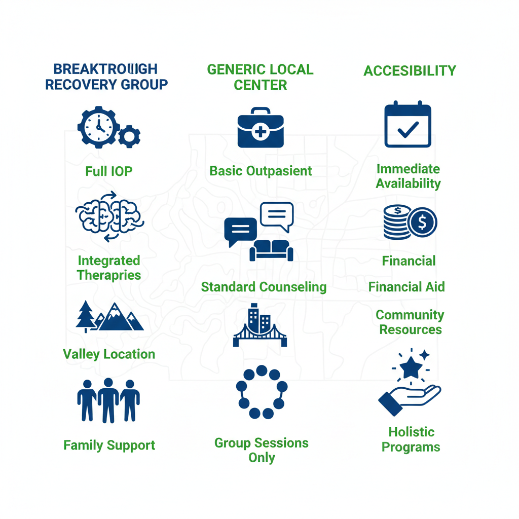 Infographic comparing features of Breakthrough Recovery Group and other local rehab centers in Spokane, Washington