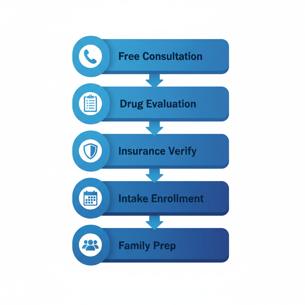 Vertical process flow diagram illustrating five steps to start outpatient recovery: consultation, evaluation, verification, intake, and preparation with family.