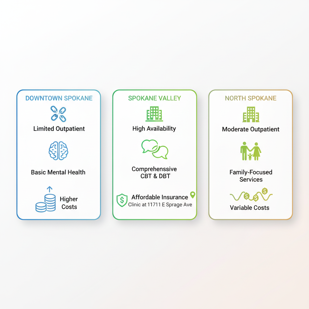 Infographic comparing addiction recovery treatment options across Downtown Spokane, Spokane Valley, and North Spokane areas