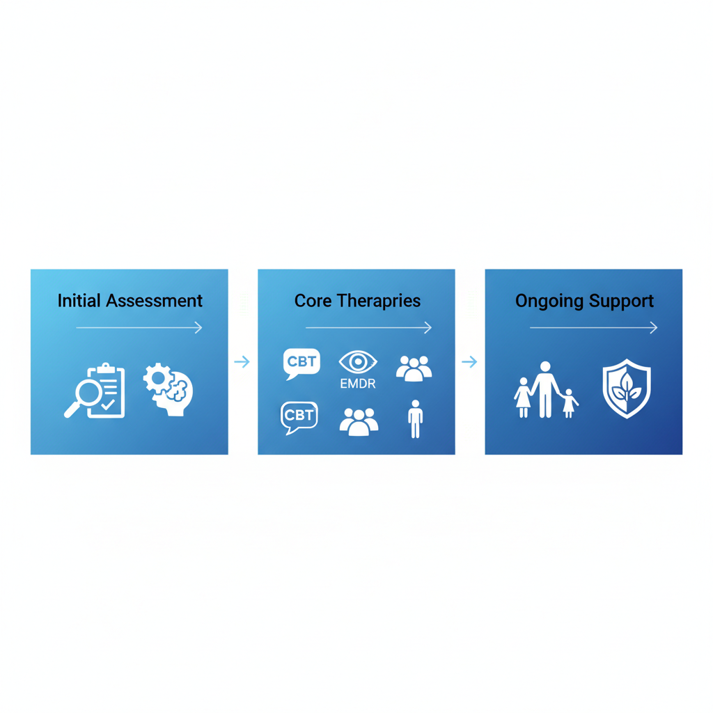 Horizontal process flow diagram of three addiction recovery stages: Initial Assessment, Core Therapies, and Ongoing Support with relevant icons and arrows.