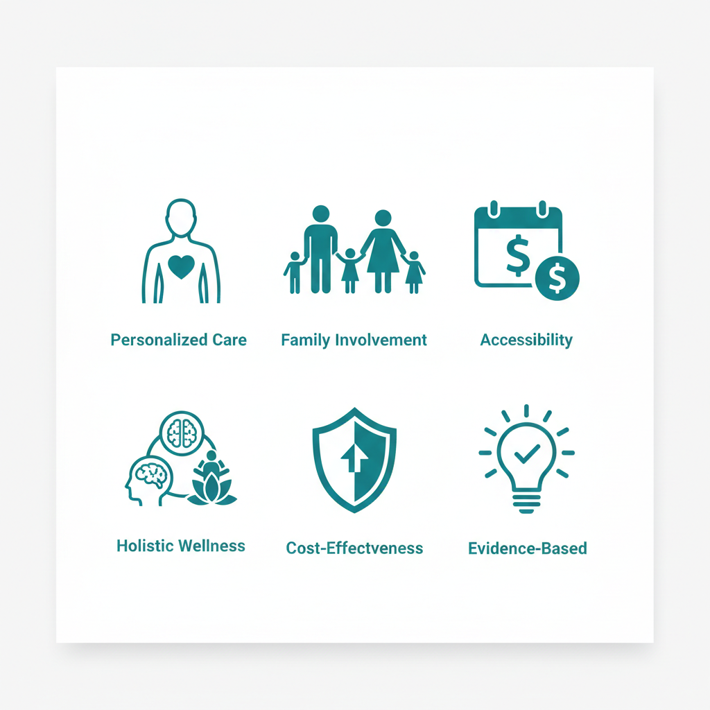 Grid of six icons illustrating benefits of outpatient recovery programs: personalized care, family involvement, accessibility, holistic wellness, cost-effectiveness, and evidence-based therapies.