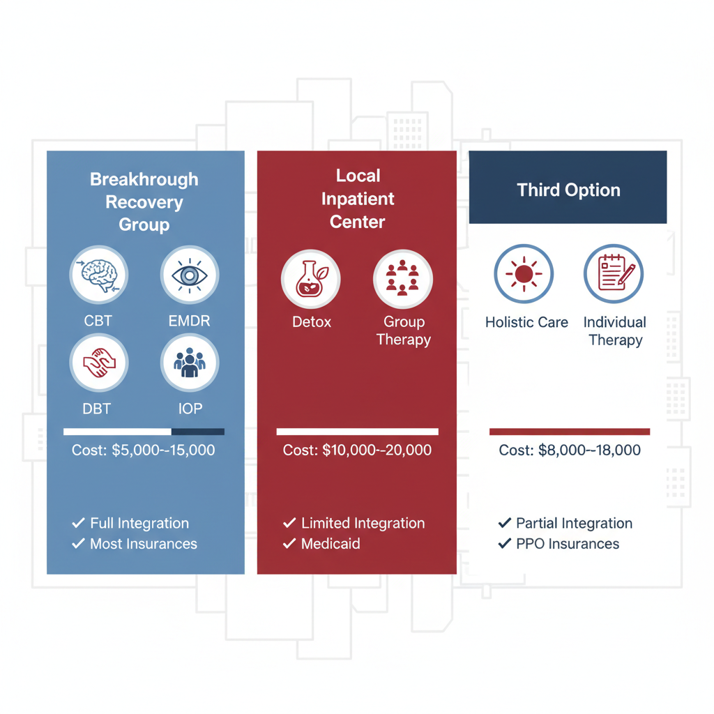 Infographic comparing three addiction treatment centers in Spokane with icons for services, cost ranges, and feature checkmarks.
