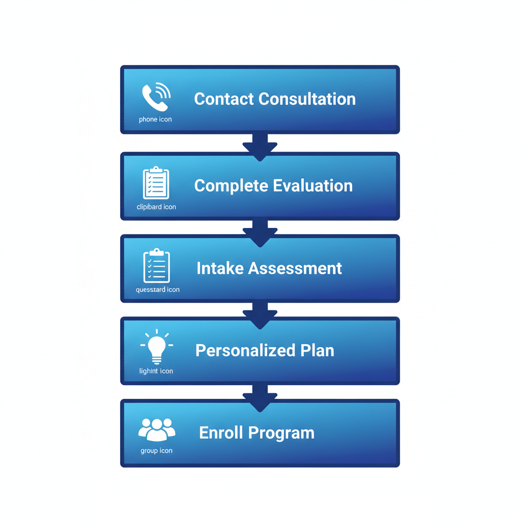 Vertical process flow diagram illustrating five steps to start recovery at a Spokane treatment center: contact for consultation, complete evaluation, intake assessment, develop personalized plan, and enroll in outpatient program.