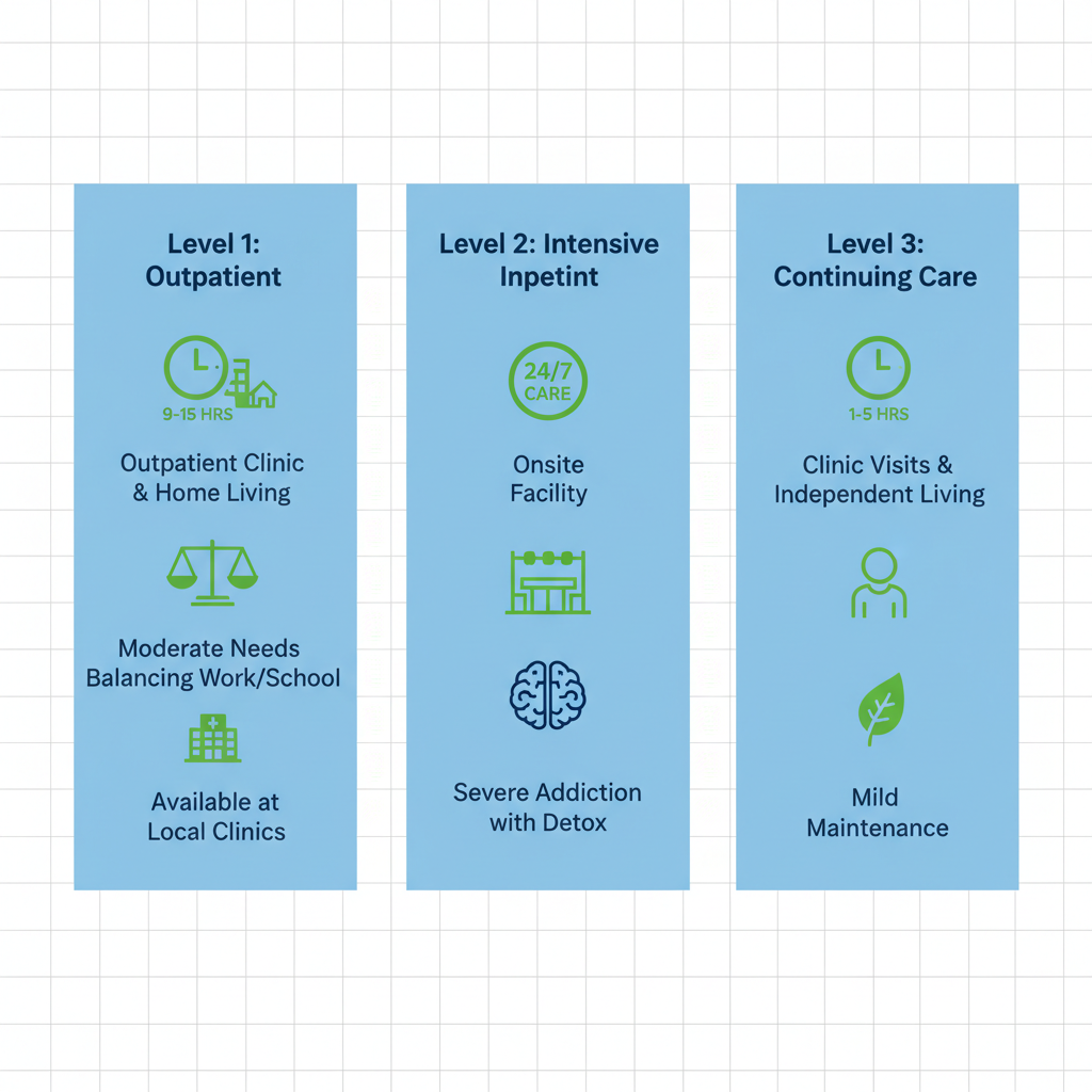 Infographic comparing three addiction treatment levels in Spokane: Intensive Outpatient Program with 9-15 hours, Inpatient Rehab with 24/7 care, and Standard Outpatient with 1-5 hours, featuring icons and minimal labels.
