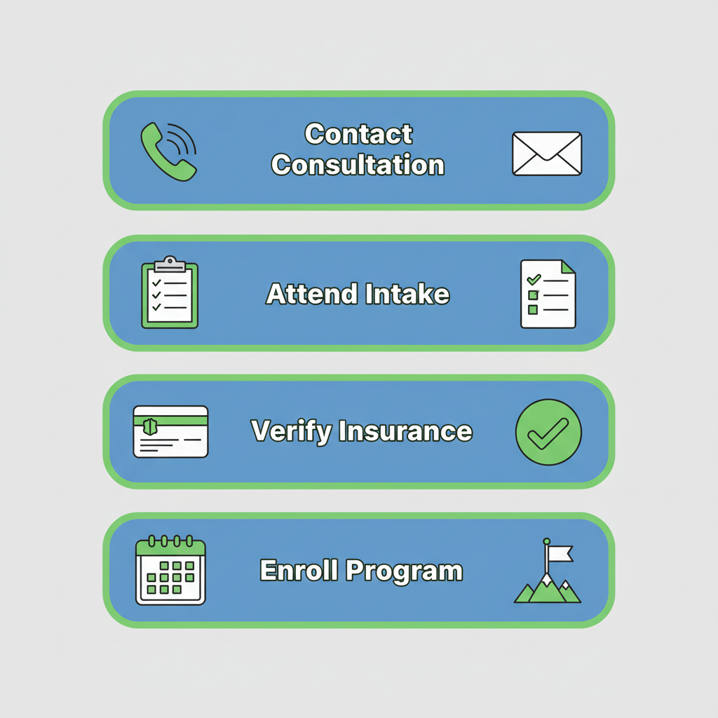 Vertical process flow diagram showing four steps to enroll in an intensive outpatient program: contact for consultation, attend intake, verify insurance, and enroll with personalized plan.