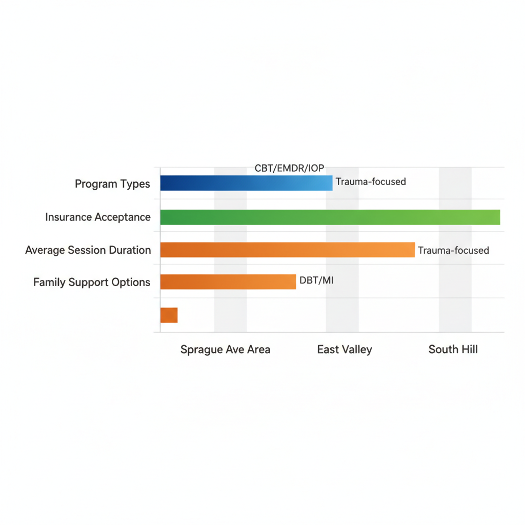 Horizontal bar chart comparing outpatient treatment services across Spokane Valley neighborhoods including program types, insurance, session duration, and family support options