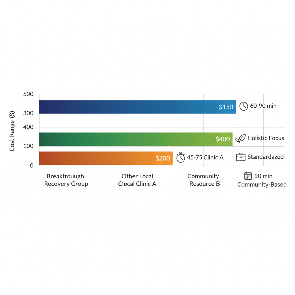 Horizontal bar chart comparing costs of alcohol evaluation providers in Spokane, showing Breakthrough Recovery Group in blue from $150 to $300, other clinics in green and orange ranges.