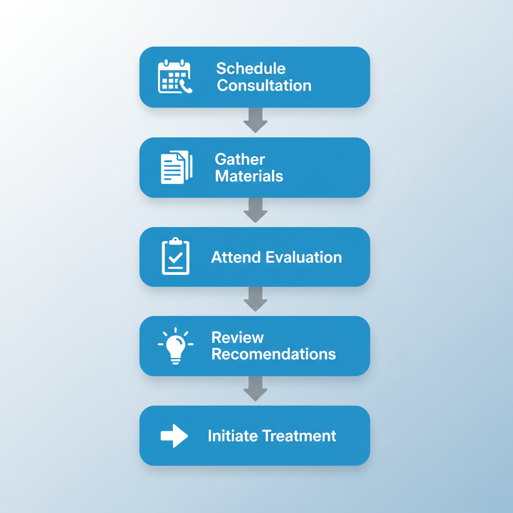 Vertical process flow diagram showing five steps for alcohol evaluation: scheduling consultation, gathering materials, attending interview, reviewing recommendations, and initiating treatment with icons and connections.