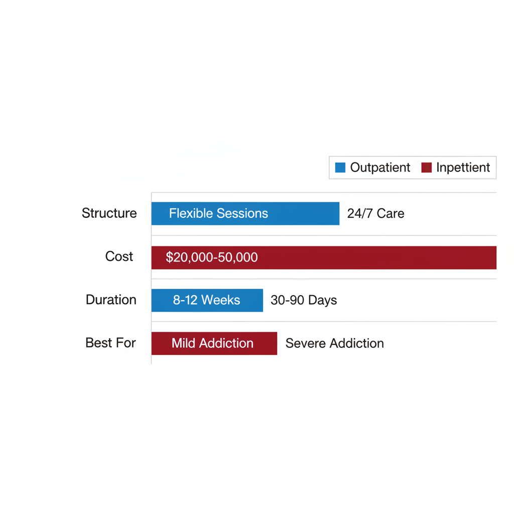 Horizontal bar chart comparing outpatient and inpatient drug treatment options in Spokane by structure, cost, duration, and suitability