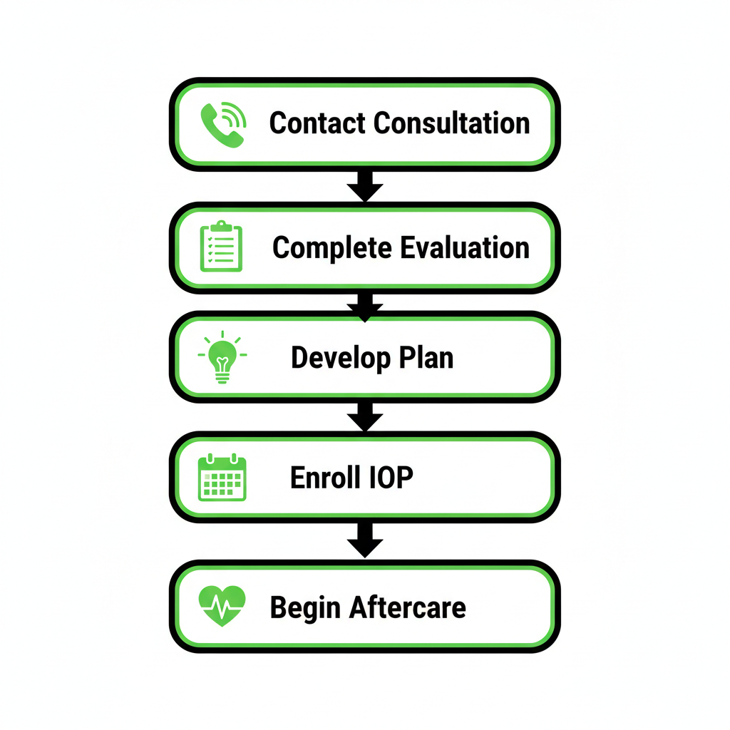 Vertical process flow illustrating five steps to start recovery: contact for consultation, complete evaluation, develop personalized plan, enroll in IOP, begin aftercare with icons.