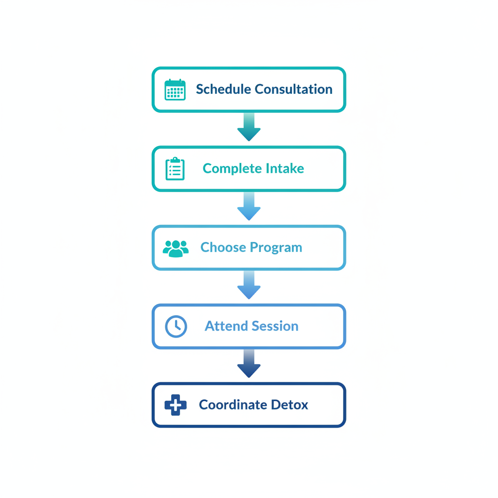 Vertical process flow diagram of five steps to begin outpatient alcohol treatment in Spokane