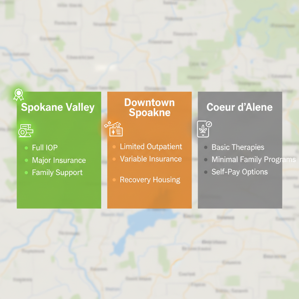 Infographic comparing alcohol addiction treatment access in Spokane Valley, Downtown Spokane, and Coeur d'Alene with icons and bullet points.