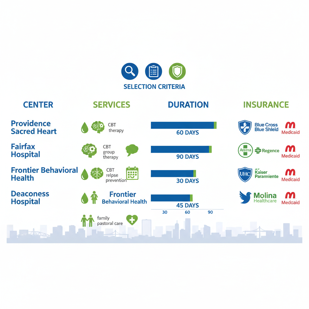 Infographic comparing key inpatient treatment centers in Spokane by services, duration, and insurance