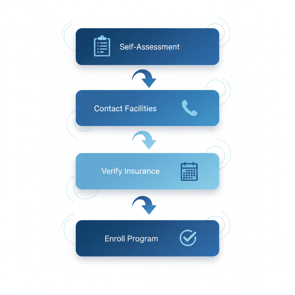Vertical process flow diagram illustrating five steps to begin inpatient rehab: self-assessment, contact facilities, verify insurance, schedule consultation, and enroll in program.