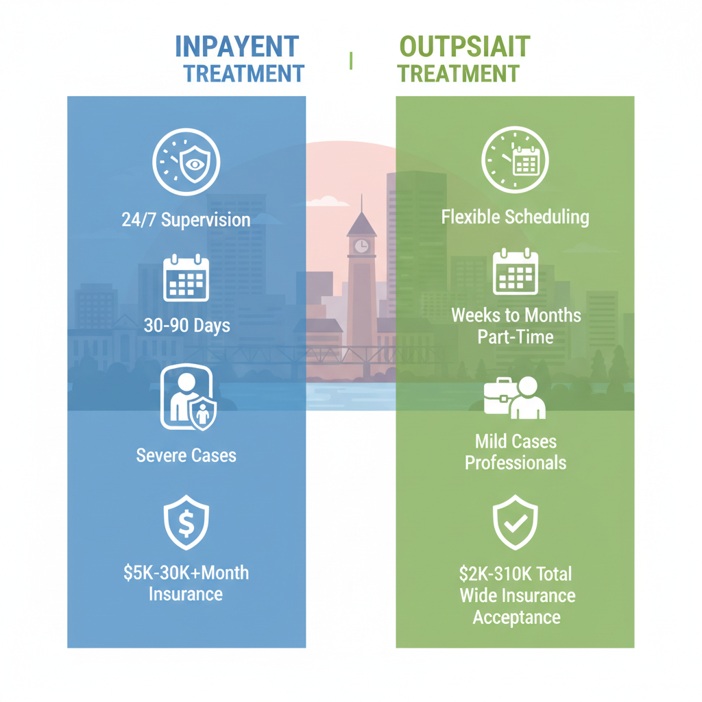 Side-by-side comparison infographic of inpatient versus outpatient rehab in Spokane, featuring care types, durations, suitability, costs, and insurance with icons.