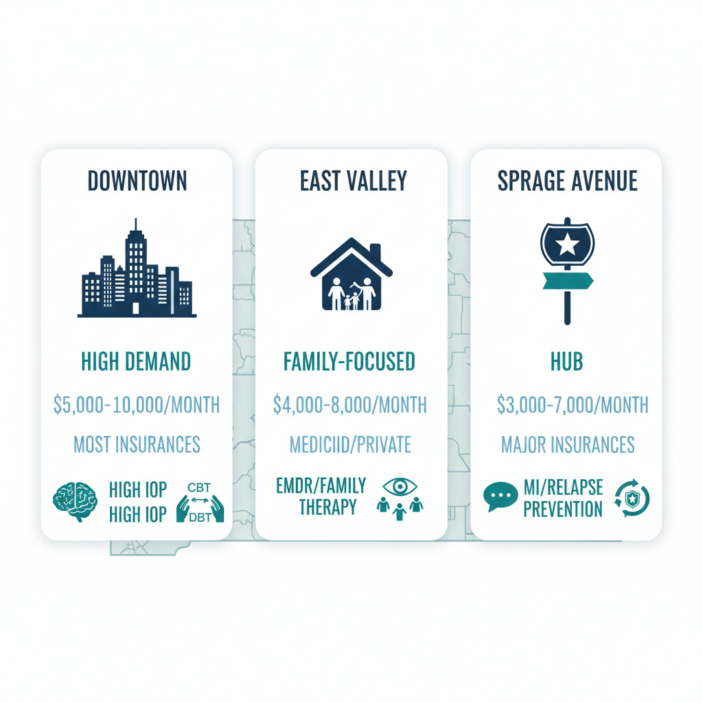 Infographic comparing addiction treatment options in Spokane Valley neighborhoods with costs, insurances, and therapy icons