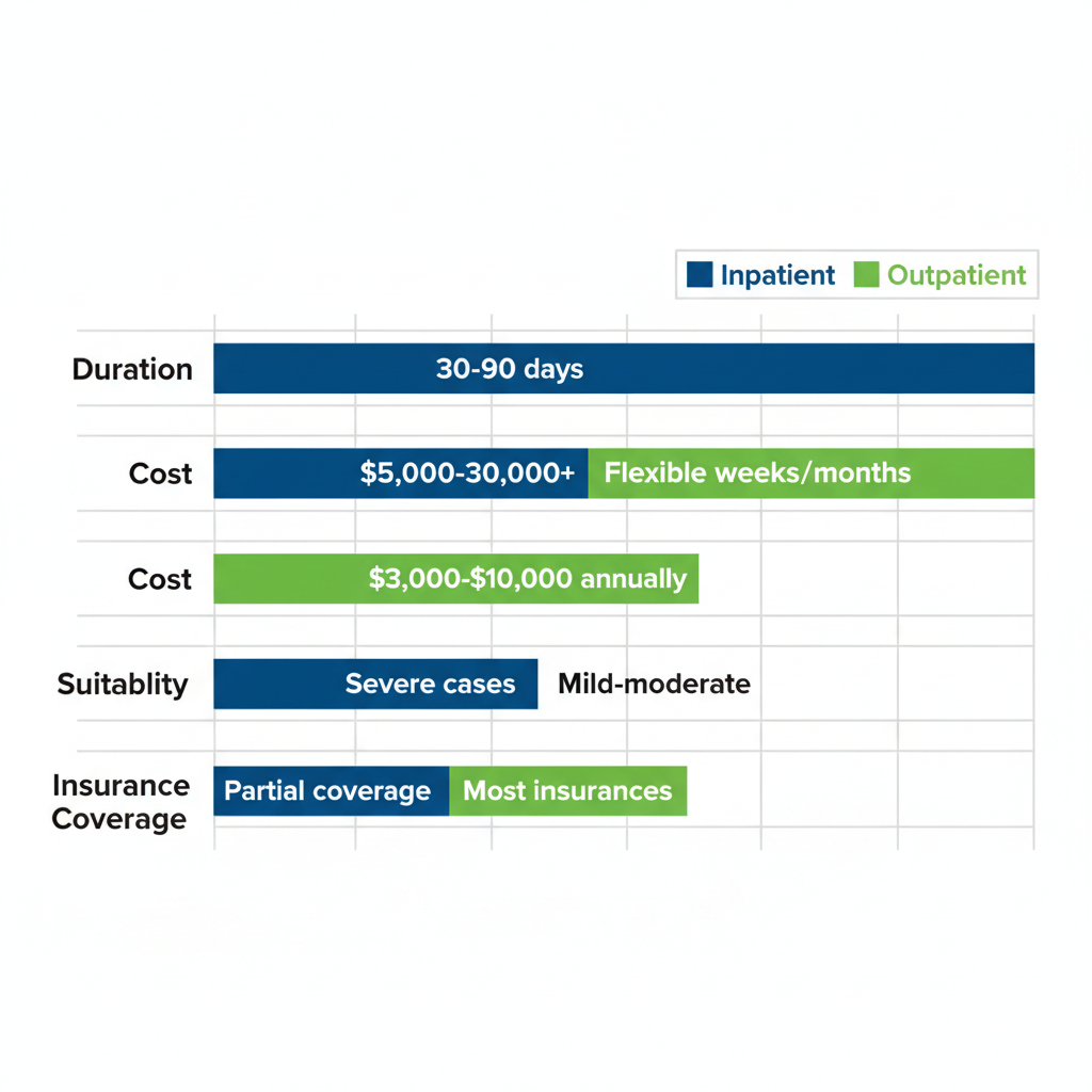 Horizontal bar chart comparing inpatient and outpatient addiction treatment in Spokane, showing aspects like duration, cost, suitability, and insurance coverage.