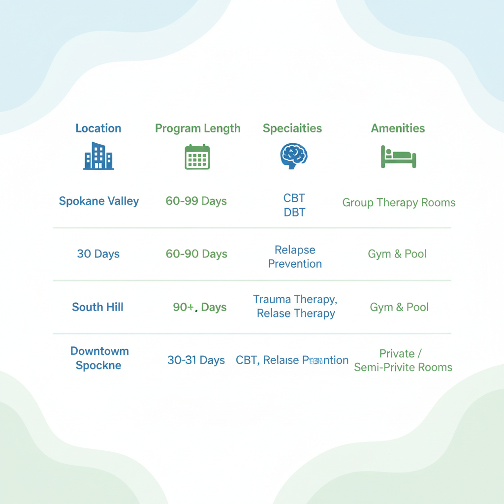 Infographic comparing inpatient drug rehab centers in Spokane with icons for location, program length, specialties, and amenities