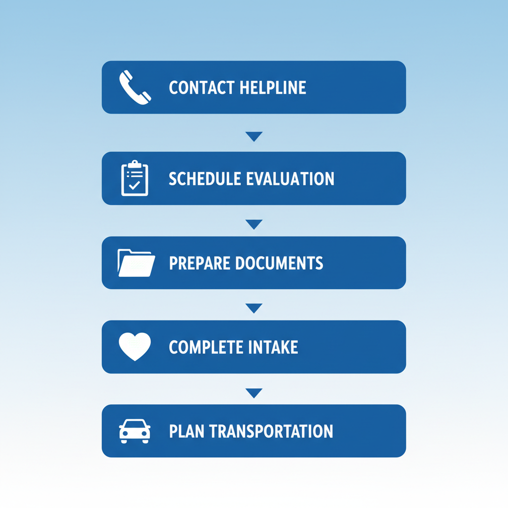 Vertical process flow diagram illustrating five steps to start inpatient drug rehab in Spokane: contact helpline, schedule evaluation, prepare documents, complete intake, and plan transportation with icons.