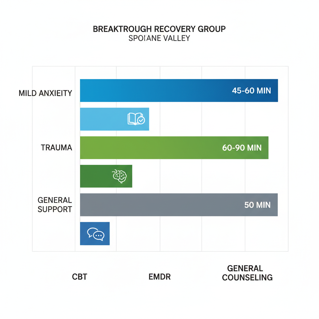 Horizontal bar chart comparing CBT, EMDR, and general counseling session lengths for anxiety therapy in Spokane Valley, with best-for labels and availability icons.