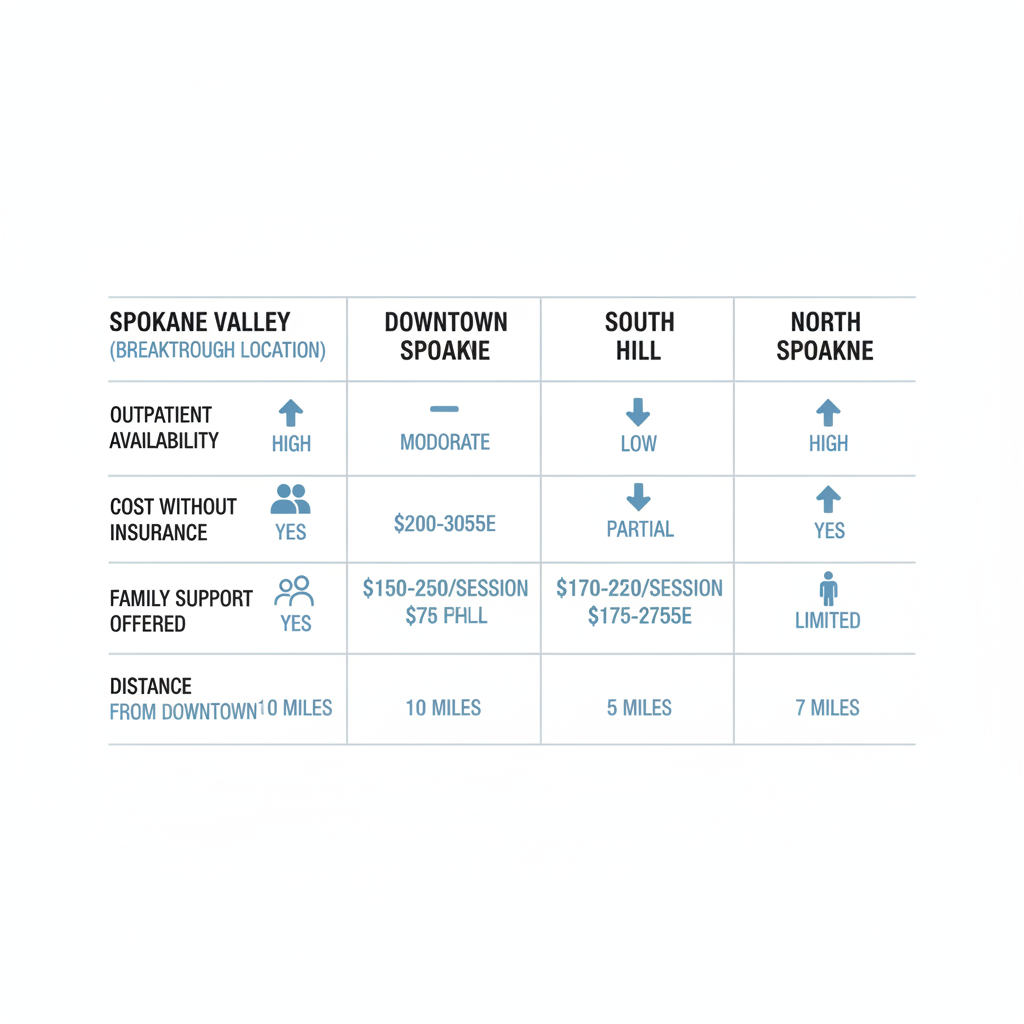 Infographic displaying comparison of alcohol treatment options in different Spokane neighborhoods including availability, costs, family support, and distances.
