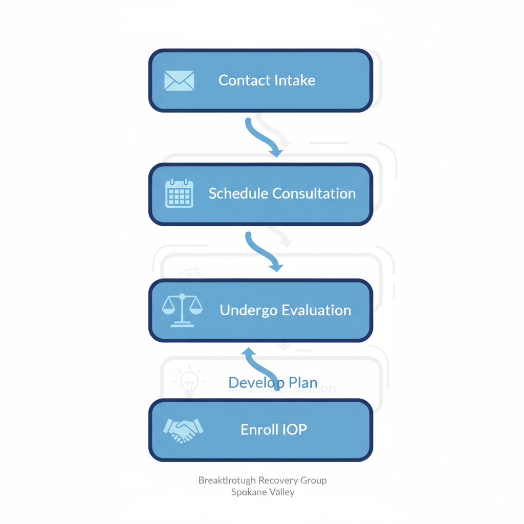 Vertical process flow diagram illustrating five key steps to begin addiction recovery treatment in Spokane, featuring icons for each stage.
