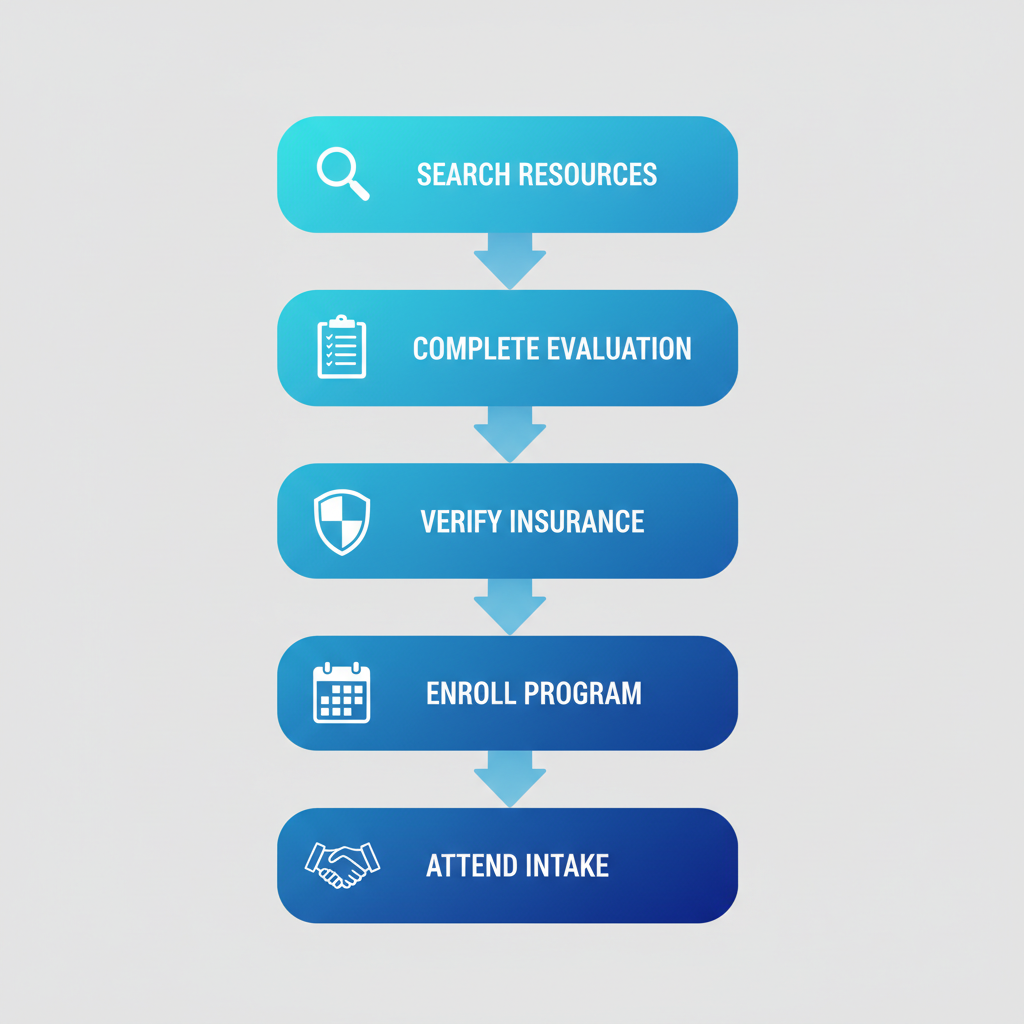 Vertical process flow diagram illustrating five steps to start alcohol recovery in Spokane: search resources, complete evaluation, verify insurance, enroll in program, attend intake.
