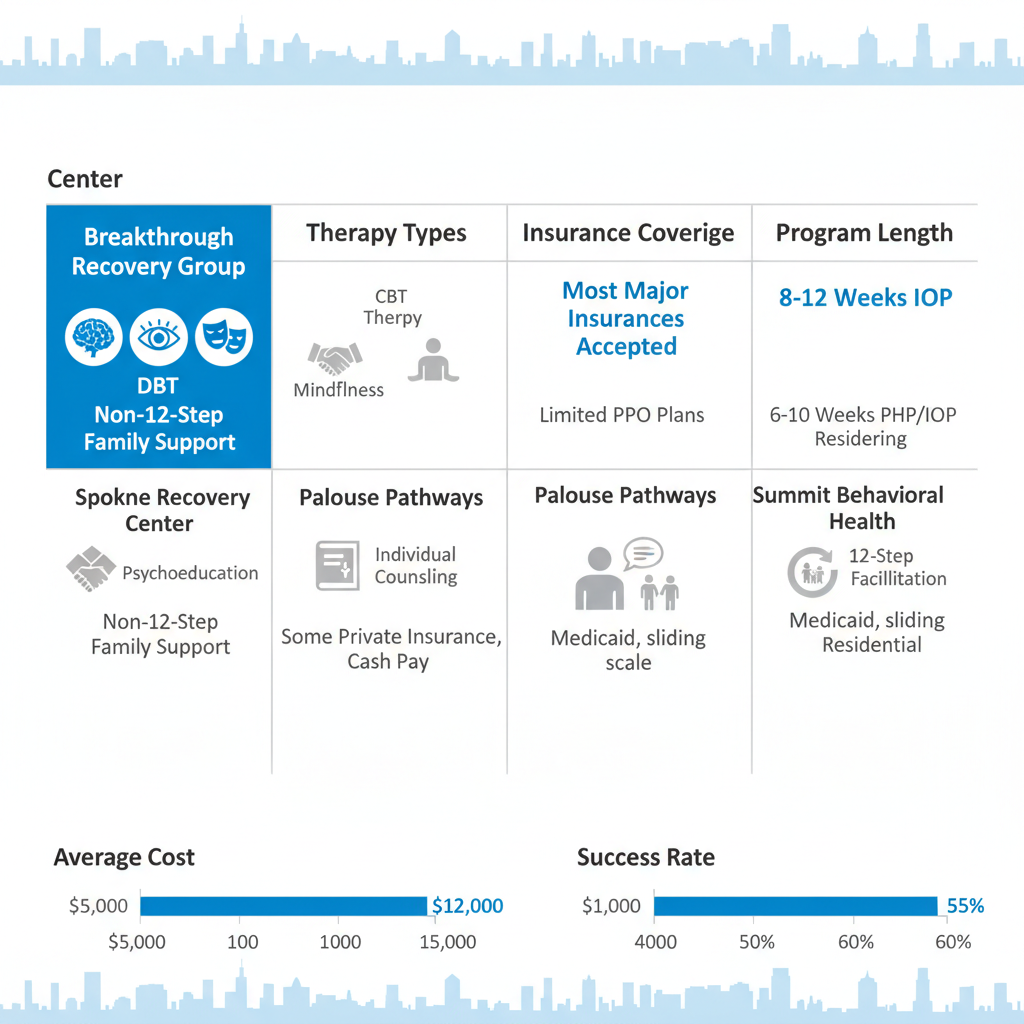 Infographic comparing key alcohol treatment centers in Spokane including therapies, insurance, and program details