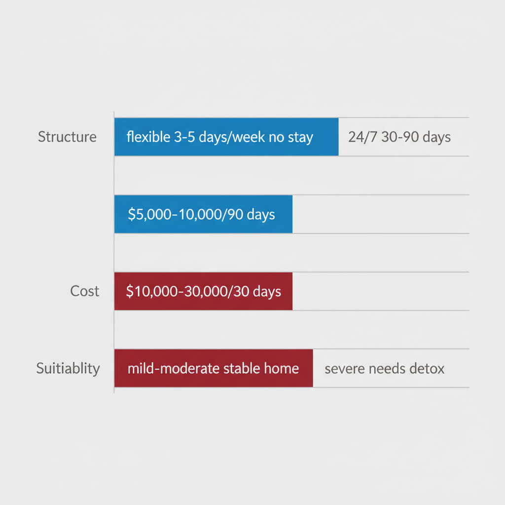 Horizontal bar chart comparing outpatient and inpatient addiction treatment options in Spokane by structure, cost, and suitability