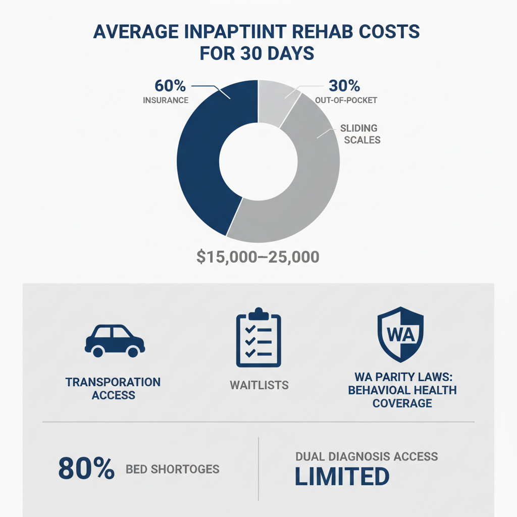 Infographic showing cost breakdown, accessibility icons, and key considerations for inpatient rehab in Spokane