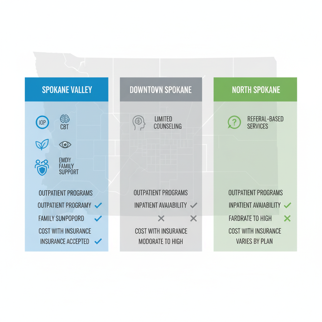 Infographic comparing addiction treatment options in Spokane Valley, Downtown, and North Spokane regions with service icons and checkmarks.