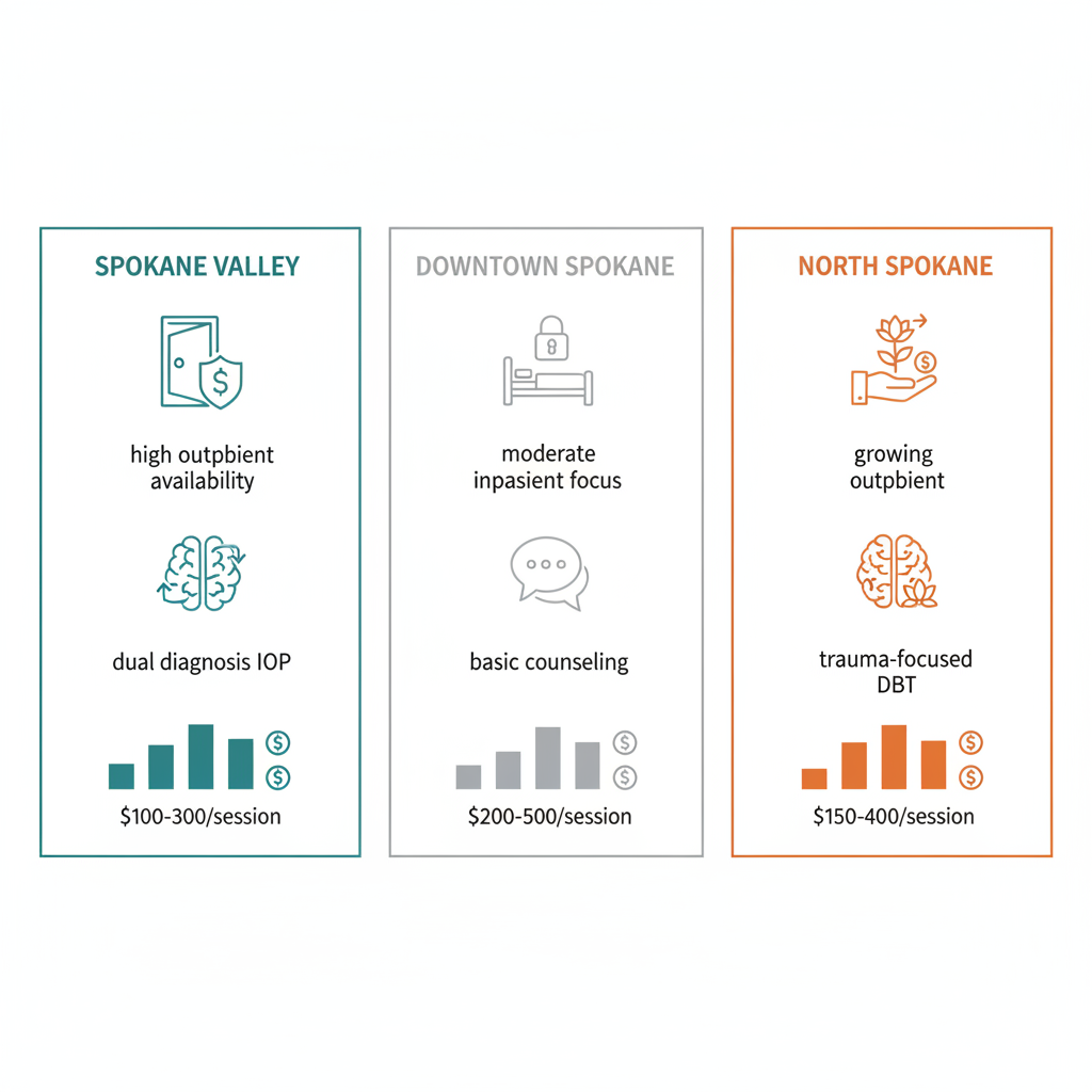 Infographic comparing addiction recovery services and costs in Spokane Valley, Downtown, and North Spokane areas